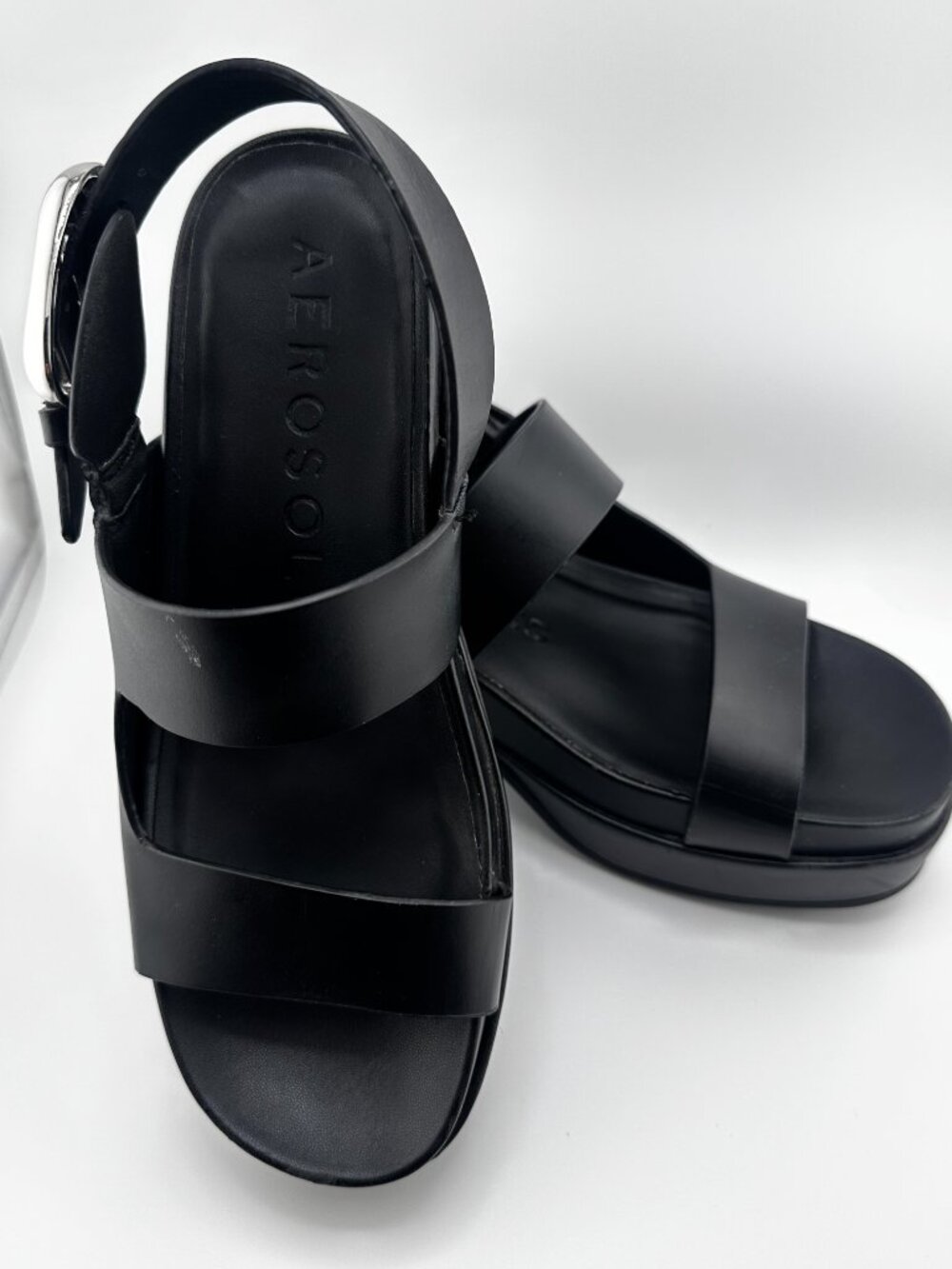 Aerosoles Clarkson Black Leather Platform Block Heel Sandals Size 7.5M - Picture 3 of 14
